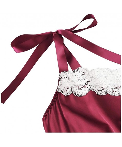 Baby Dolls & Chemises New Lingerie Full Satin Lace Complete Underwear Women Home Sexy Underwear - Wine - C319832NLZU