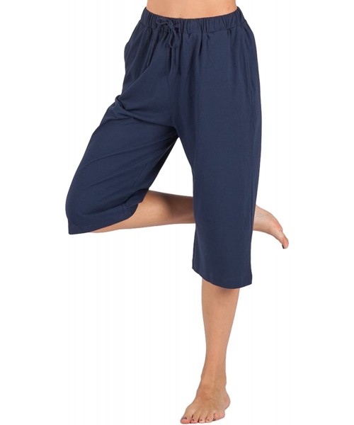 Bottoms Women Pajama Capri Pants 100% Cotton Lounge Pants with Pockets Sleepwear - Blue - CT18D6ONN4O