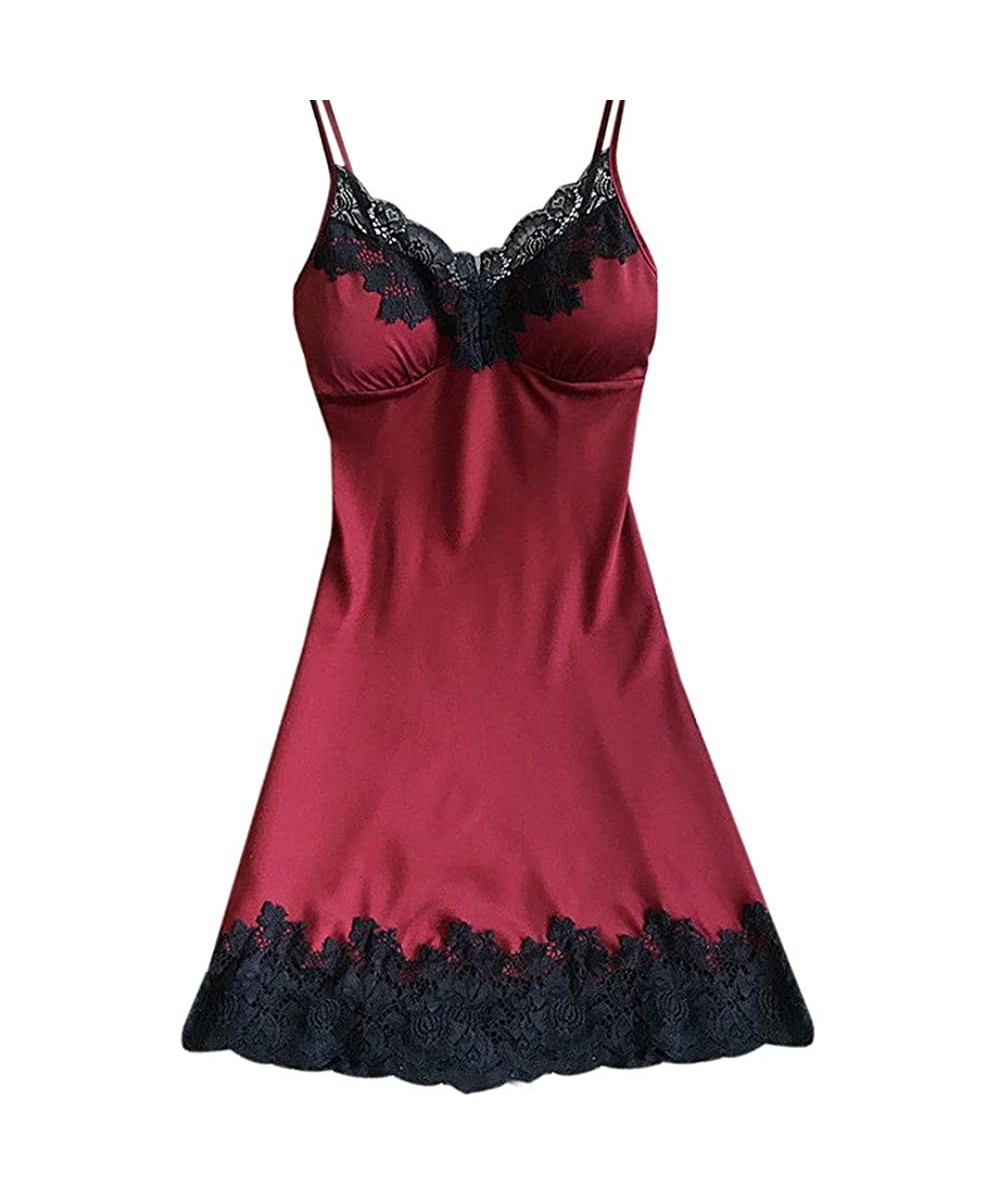 Accessories Sexy Women Satin Sleepwear Women Ladies Nightwear Nightdress Sexy Lingerie with Chest Pads Night Dress - Wine - C...