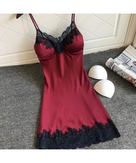 Accessories Sexy Women Satin Sleepwear Women Ladies Nightwear Nightdress Sexy Lingerie with Chest Pads Night Dress - Wine - C...