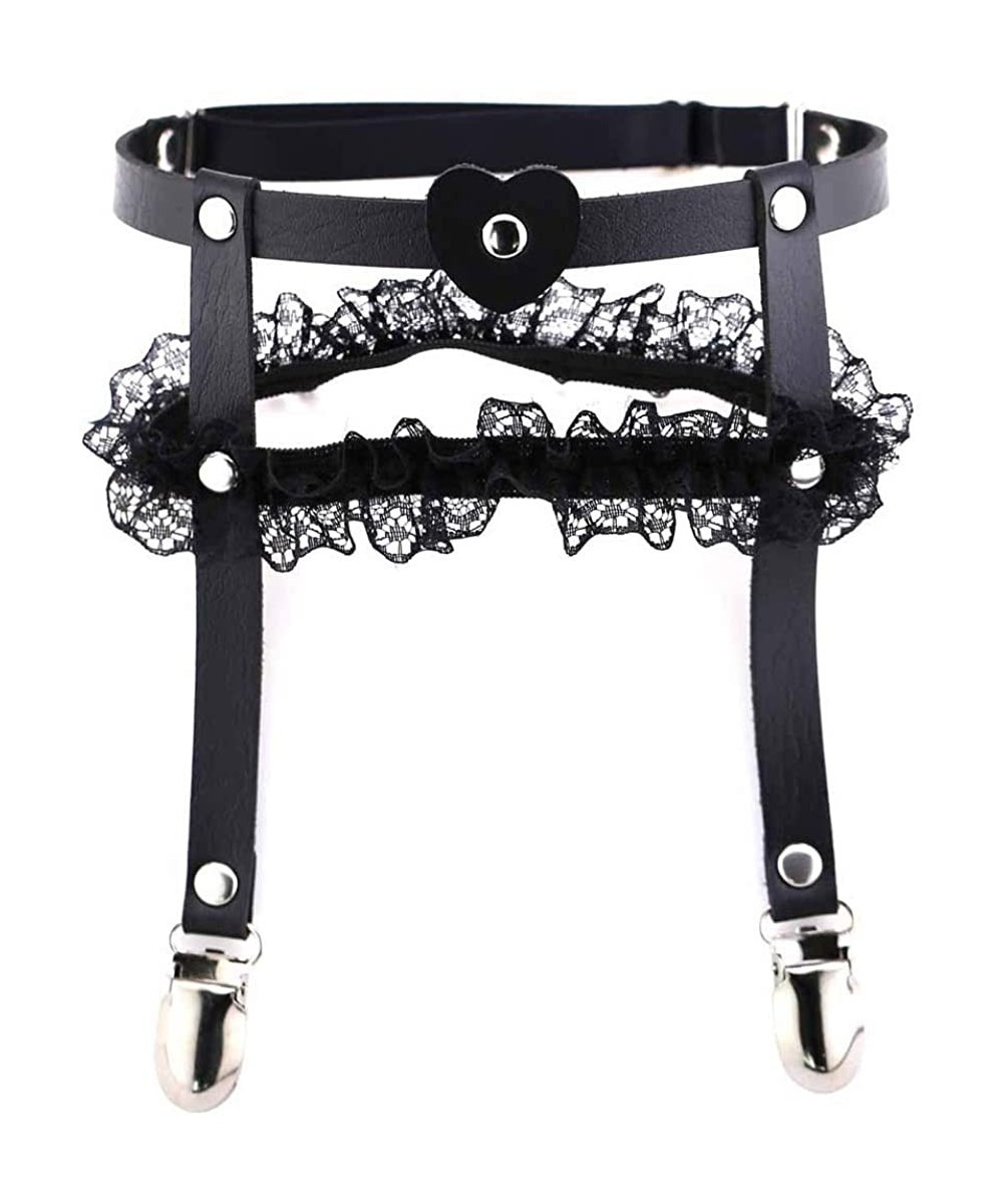 Garters & Garter Belts Womens Faux Leather Heart Garter Belt Punk Stud Ruffles Lace Elastic Thigh Ring - 1 - CA19E4K5TID