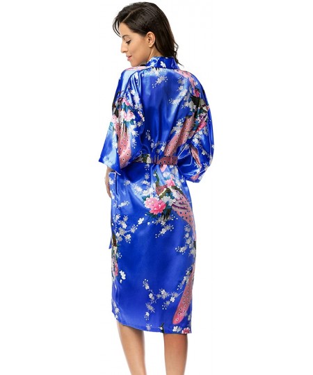 Robes Womens Silk Satin Kimono Robes Long Sleepwear Dressing Gown Printed Pattern - Royal Blue - C918254O0UG