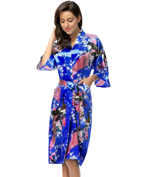 Robes Womens Silk Satin Kimono Robes Long Sleepwear Dressing Gown Printed Pattern - Royal Blue - C918254O0UG