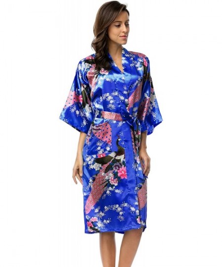 Robes Womens Silk Satin Kimono Robes Long Sleepwear Dressing Gown Printed Pattern - Royal Blue - C918254O0UG