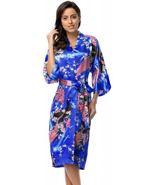 Robes Womens Silk Satin Kimono Robes Long Sleepwear Dressing Gown Printed Pattern - Royal Blue - C918254O0UG