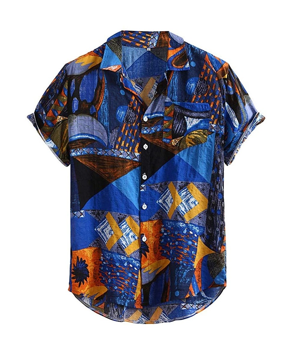 Trunks Men's Casual Shirts Floral Printed Aloha Ethnic Shirts for Men Short Sleeve Botton Down Loose fit - Blue - C2194N6NN9T