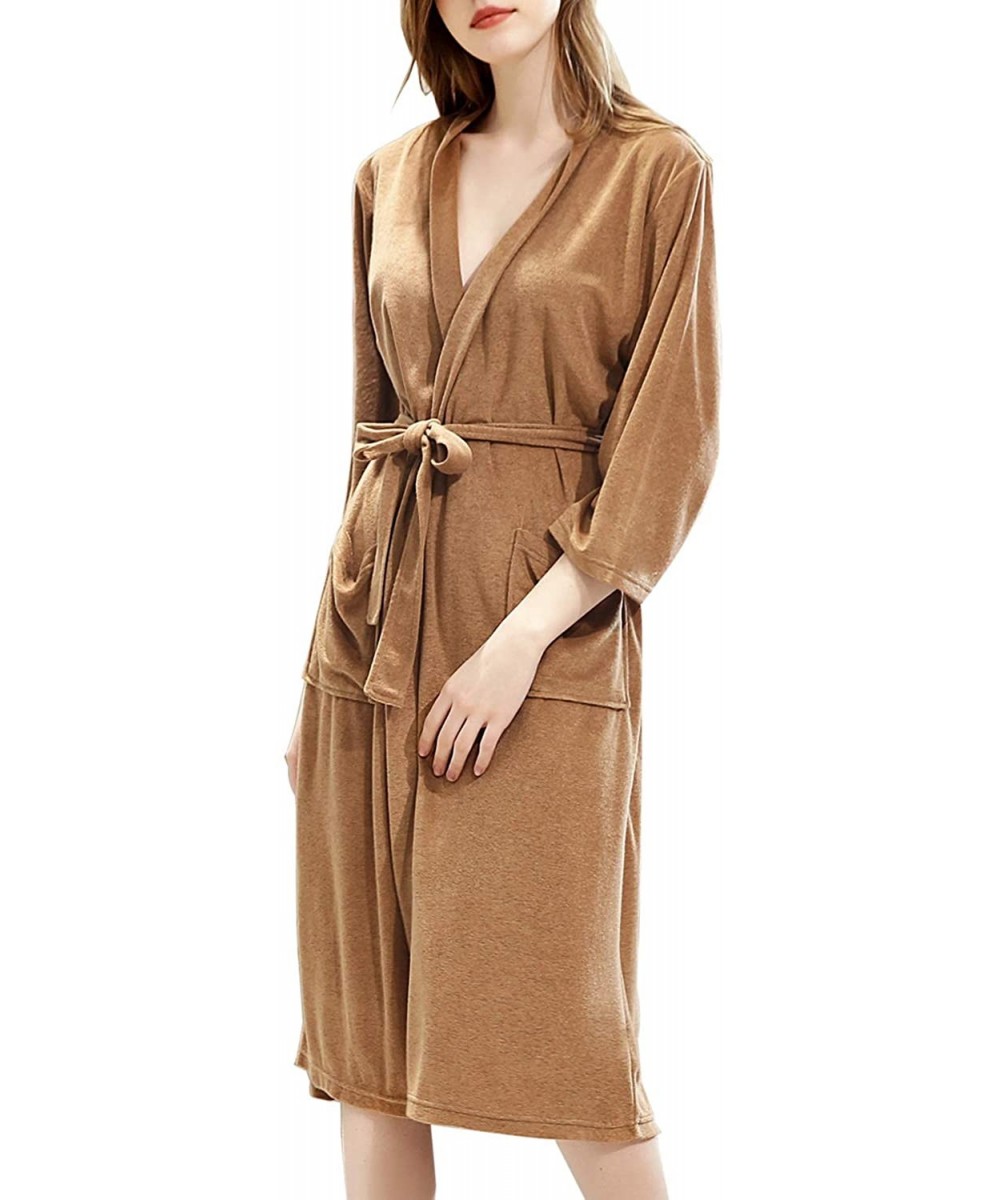 Robes Womens Terry Cloth Bathrobe Lightweight Robe Long Knit Bathrobe Soft Sleepwear V Neck Ladies Nightwear Robe - Camel - C...