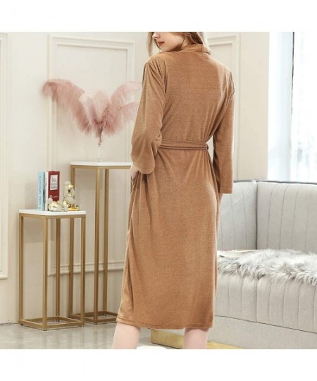 Robes Womens Terry Cloth Bathrobe Lightweight Robe Long Knit Bathrobe Soft Sleepwear V Neck Ladies Nightwear Robe - Camel - C...