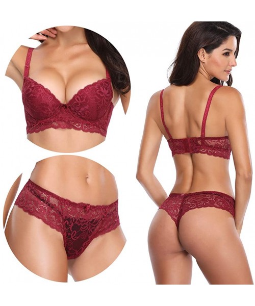 Bras Women's Lace Bra Set Sexy Lingerie and Thongs Bra and Panty Set Push Up Bra Underwire Bra - Red+1 - CC18K4E8QMH