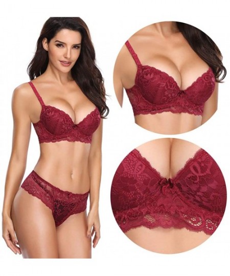 Bras Women's Lace Bra Set Sexy Lingerie and Thongs Bra and Panty Set Push Up Bra Underwire Bra - Red+1 - CC18K4E8QMH