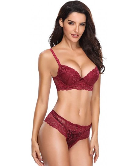 Bras Women's Lace Bra Set Sexy Lingerie and Thongs Bra and Panty Set Push Up Bra Underwire Bra - Red+1 - CC18K4E8QMH