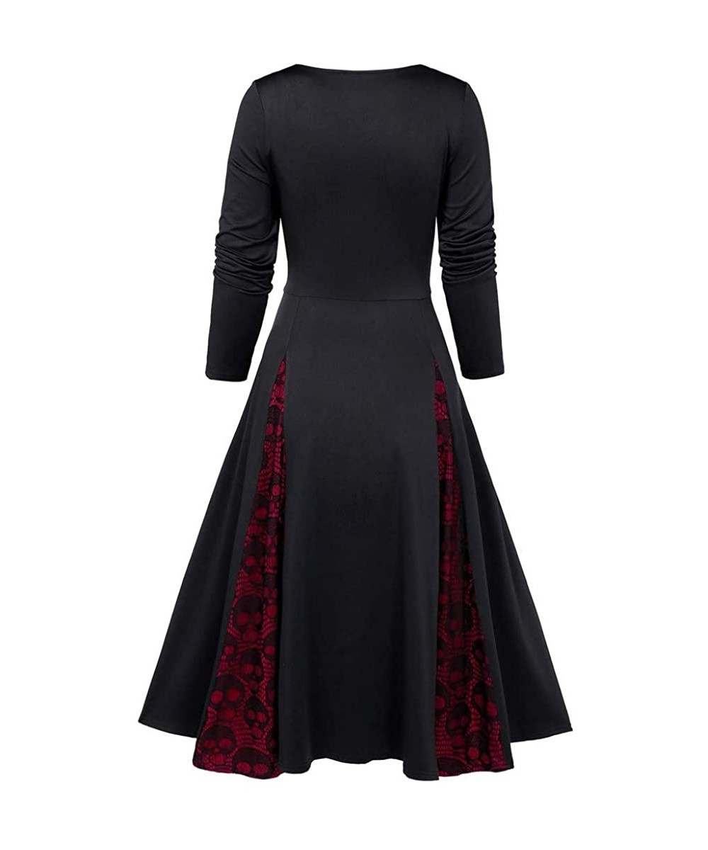 Women Plus Size Punk Gothic Skull Lace Insert Mock Button Bowknot Dress ...