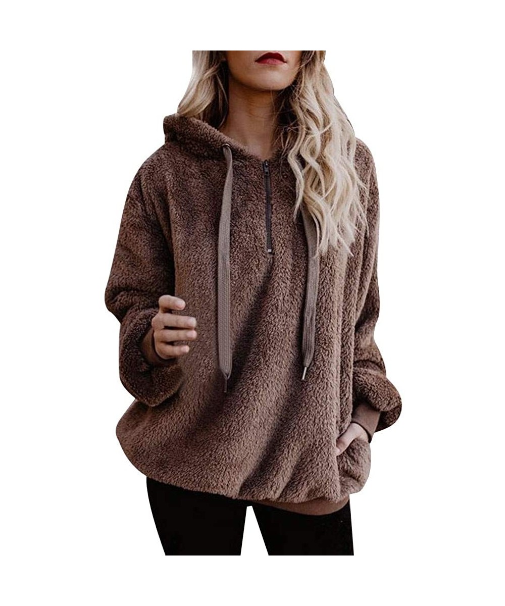 Tops Women Hooded Sweatshirt Patchwork Winter Warm Wool Zipper Cotton Outwear Tops - Coffee - CI18ZMR04NU