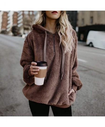 Tops Women Hooded Sweatshirt Patchwork Winter Warm Wool Zipper Cotton Outwear Tops - Coffee - CI18ZMR04NU