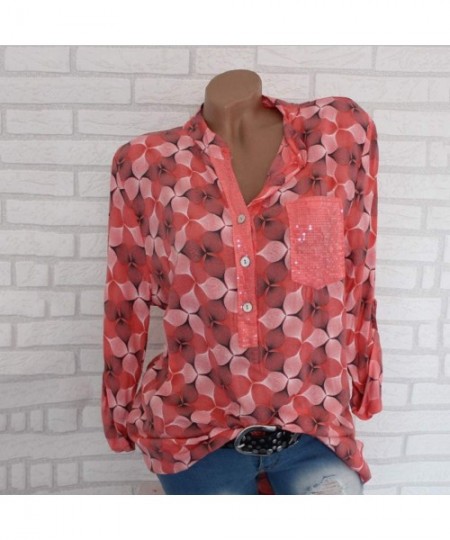 Thermal Underwear Blouse for Women Floral Printed Button T-Shirt Chiffon Irregular Hem Top - C Orange - C618SH69YQG