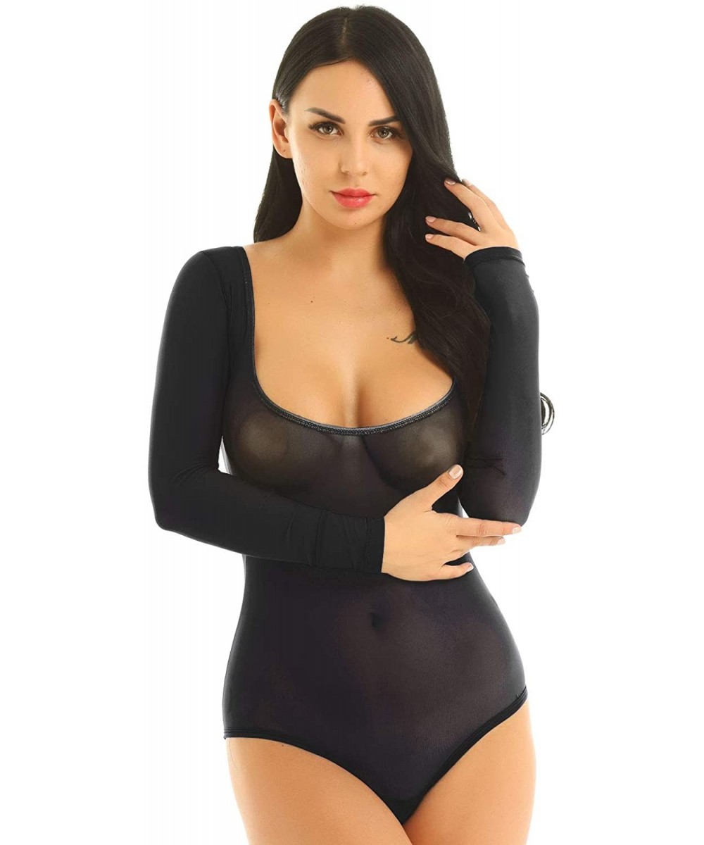 Shapewear Women Sheer Mesh See Through High Cut Thong Bodysuit Belly Dance Leotard Shapewear - Black - CJ18SHA285H