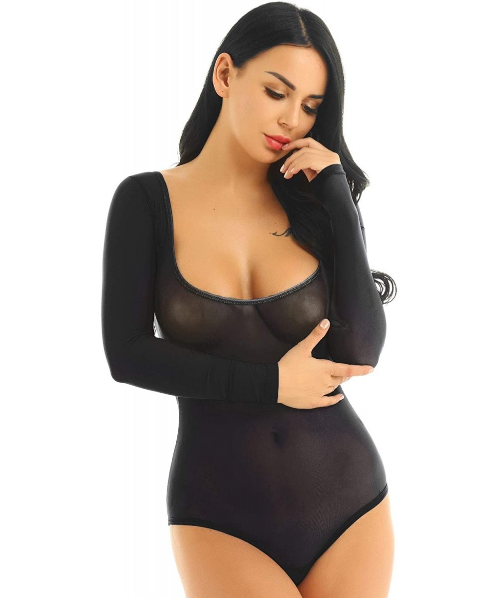 Women Sheer Mesh See Through High Cut Thong Bodysuit Belly Dance Leotard Shapewear Black