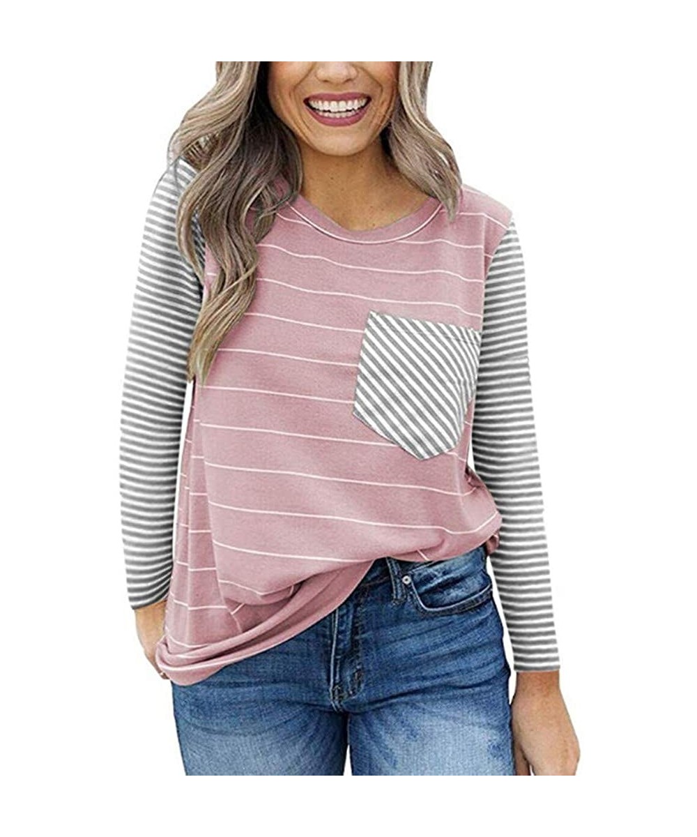 Thermal Underwear Women Striped Pocket Decoration T-Shirt Long Sleeve O-Neck Loose Top - Pink - CN18X298R80