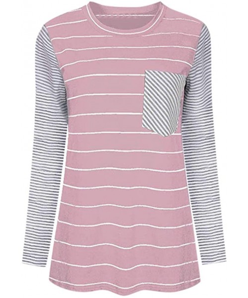 Thermal Underwear Women Striped Pocket Decoration T-Shirt Long Sleeve O-Neck Loose Top - Pink - CN18X298R80