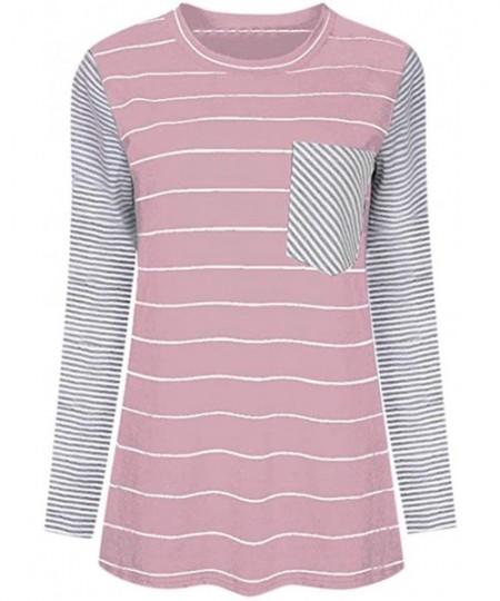 Thermal Underwear Women Striped Pocket Decoration T-Shirt Long Sleeve O-Neck Loose Top - Pink - CN18X298R80