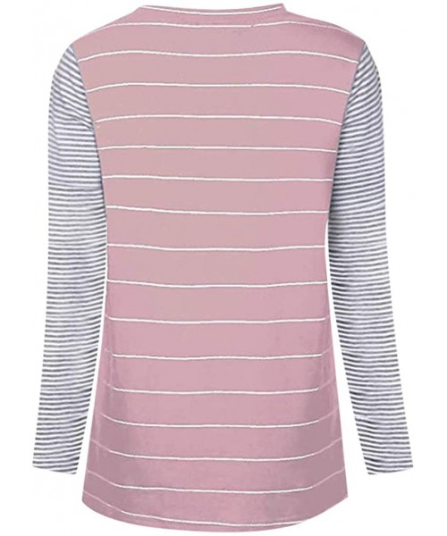 Thermal Underwear Women Striped Pocket Decoration T-Shirt Long Sleeve O-Neck Loose Top - Pink - CN18X298R80