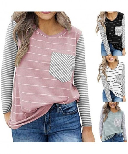 Thermal Underwear Women Striped Pocket Decoration T-Shirt Long Sleeve O-Neck Loose Top - Pink - CN18X298R80