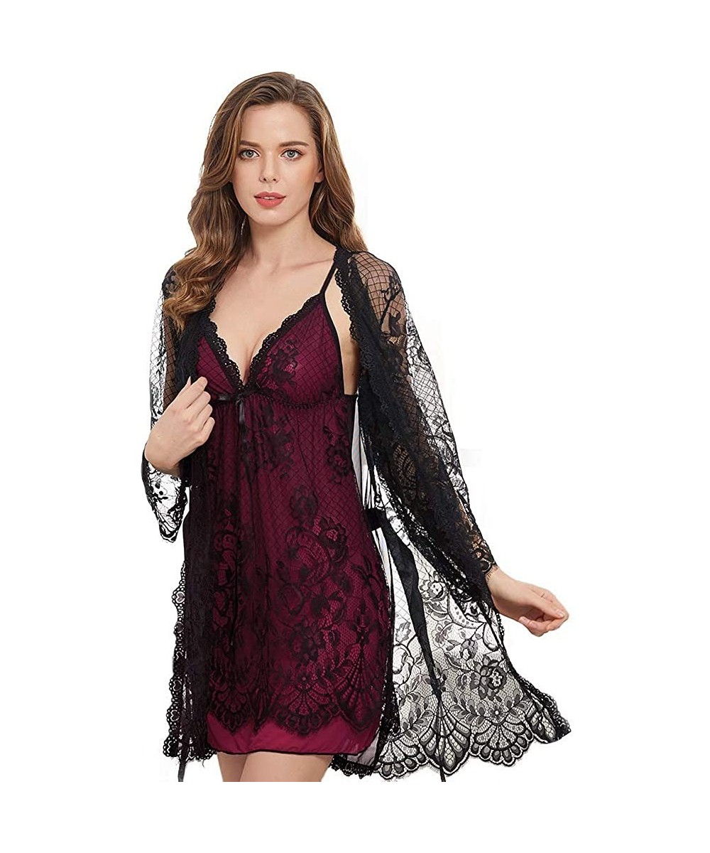 Sets Women Sexy Pajama Set Lace Lingerie Strap Nightdress 3-Piece Suit Nightgown - Red - CR196N86ORU