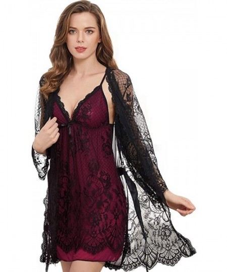 Sets Women Sexy Pajama Set Lace Lingerie Strap Nightdress 3-Piece Suit Nightgown - Red - CR196N86ORU