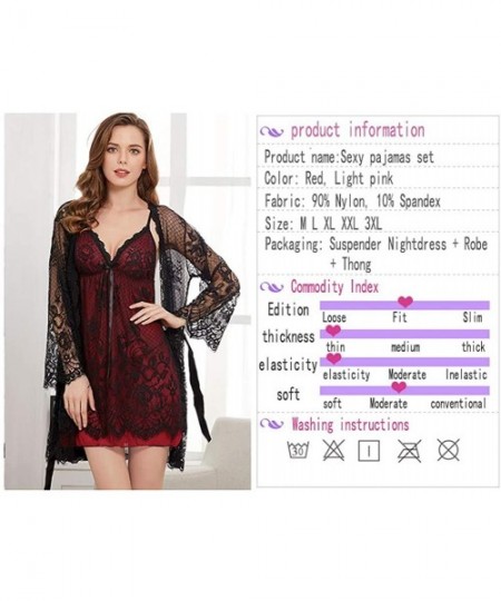 Sets Women Sexy Pajama Set Lace Lingerie Strap Nightdress 3-Piece Suit Nightgown - Red - CR196N86ORU