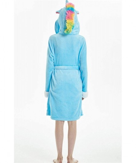 Robes Women's Unicorn Cartoon Hooded Flannel Bathrobe - Blue - CD18Z50CE0M