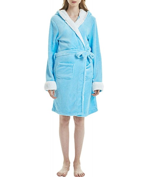 Robes Women's Unicorn Cartoon Hooded Flannel Bathrobe - Blue - CD18Z50CE0M