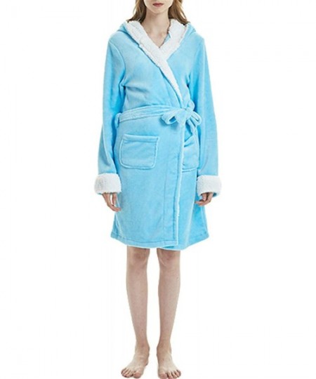 Robes Women's Unicorn Cartoon Hooded Flannel Bathrobe - Blue - CD18Z50CE0M