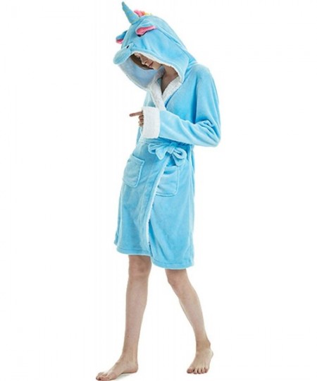 Robes Women's Unicorn Cartoon Hooded Flannel Bathrobe - Blue - CD18Z50CE0M