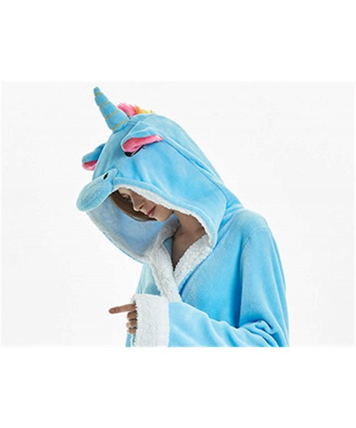 Robes Women's Unicorn Cartoon Hooded Flannel Bathrobe - Blue - CD18Z50CE0M