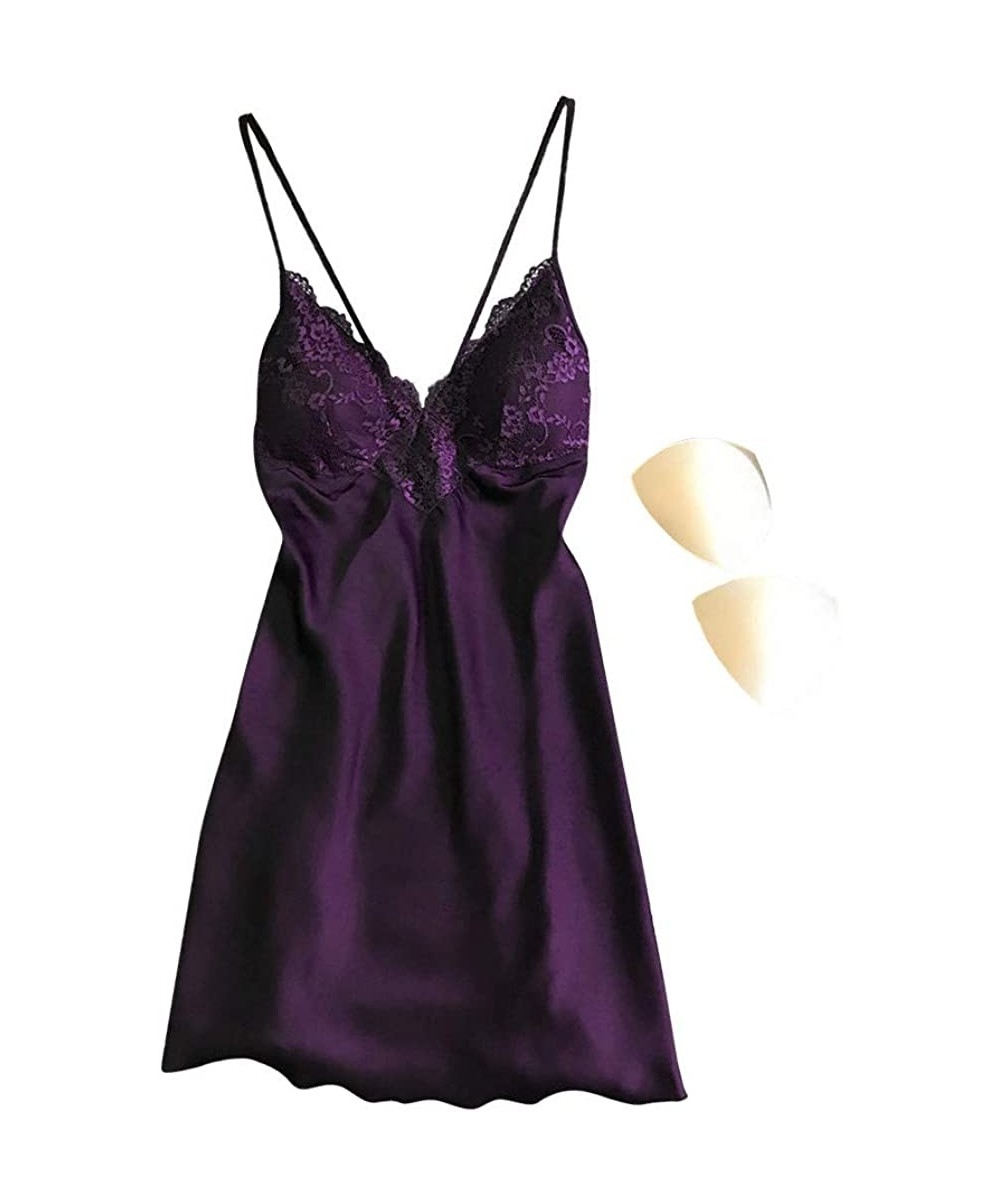 Tops Sleepwear for Women Sexy Lace Splicing Teddy Lingerie Straps Backless Chemise Nightgown Nightdress - Purple - CB193K2GZ28