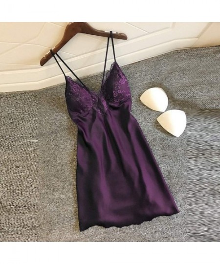 Tops Sleepwear for Women Sexy Lace Splicing Teddy Lingerie Straps Backless Chemise Nightgown Nightdress - Purple - CB193K2GZ28