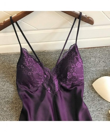 Tops Sleepwear for Women Sexy Lace Splicing Teddy Lingerie Straps Backless Chemise Nightgown Nightdress - Purple - CB193K2GZ28