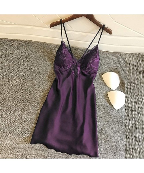 Tops Sleepwear for Women Sexy Lace Splicing Teddy Lingerie Straps Backless Chemise Nightgown Nightdress - Purple - CB193K2GZ28