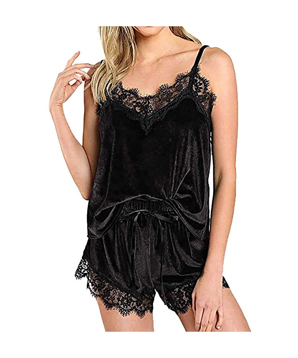 Sets 2PCS Womens Sexy Satin Lingerie Sleeveless Pajamas Embroidery Flower Underwear - A Black - CR18NZY4X5D