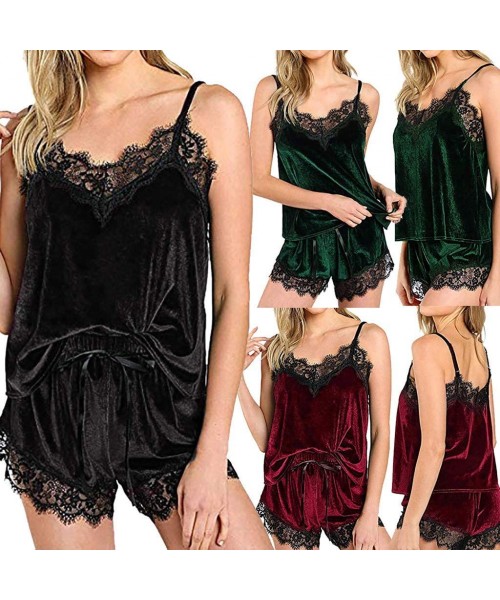 Sets 2PCS Womens Sexy Satin Lingerie Sleeveless Pajamas Embroidery Flower Underwear - A Black - CR18NZY4X5D