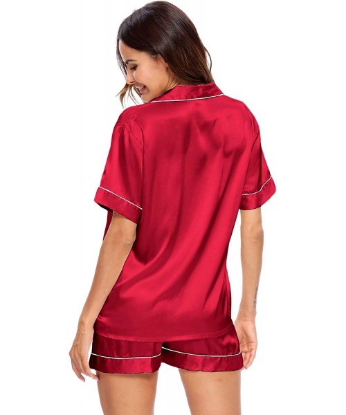 Sets Womens Silk Satin Pajamas Short Sleeve Loungewear Two-Piece Sleepwear Button-Down Pj Set - Red-03 - C9190Z8E8NL