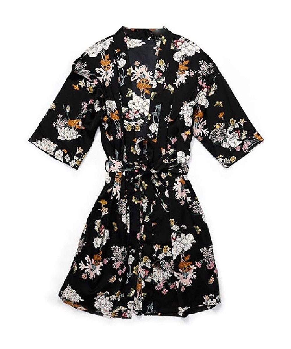 Nightgowns & Sleepshirts Womens Cardigan Silk Kimono Floral Print Lounger Casual Sleeping Dress - Black - C319E7K2EWO