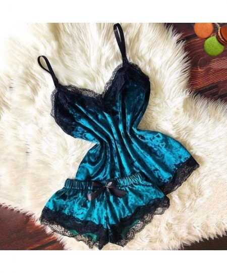 Baby Dolls & Chemises Women Sexy Lace Trim Lingerie Pajamas Underwear Hot Nightwear Babydoll Pajamas Set Faux Satin Silk Slee...