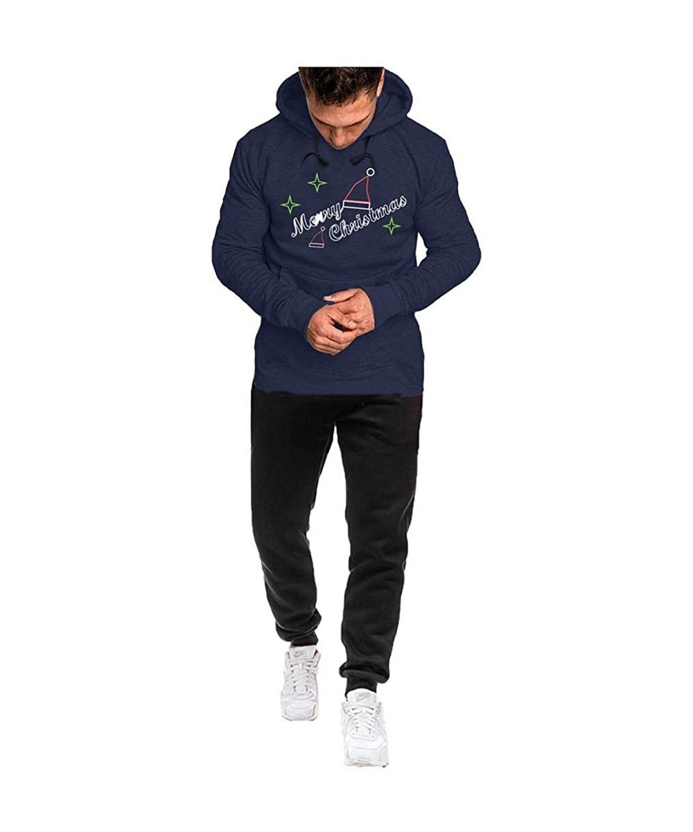 Thermal Underwear Zipper Tracksuit Men Hoodie Casual Sport Christmas Printing Plus Velvet Suit Classic Outfit - Navy - CP18AG...