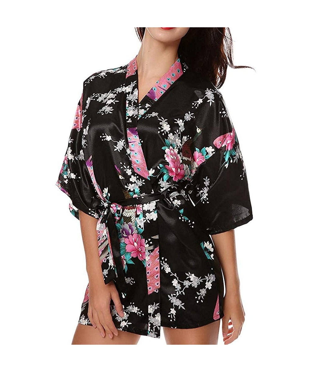 Bottoms Satin Floral Kimono Robes for Women-Elegant Short Printing Peacock Silk Bathrobe for Party Wedding Bridal Tigivemen -...