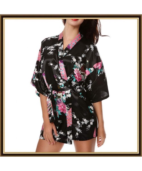 Bottoms Satin Floral Kimono Robes for Women-Elegant Short Printing Peacock Silk Bathrobe for Party Wedding Bridal Tigivemen -...