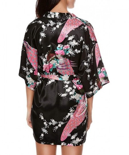 Bottoms Satin Floral Kimono Robes for Women-Elegant Short Printing Peacock Silk Bathrobe for Party Wedding Bridal Tigivemen -...