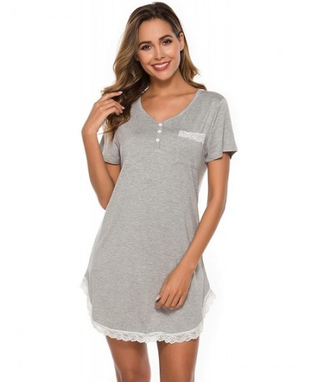 Nightgowns & Sleepshirts Women's Nightdress for Sleep- Lace Trim Nightshirt V Neck Soft Sleepwear - A Style-grey - CE193ON0XUK