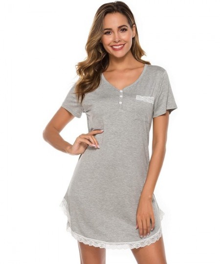 Nightgowns & Sleepshirts Women's Nightdress for Sleep- Lace Trim Nightshirt V Neck Soft Sleepwear - A Style-grey - CE193ON0XUK