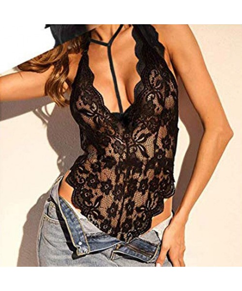 Thermal Underwear Womens Sheer Lace Bodysuit Teddy Lingerie One Piece Bodysuit Lace Sleepwear - Black - CT18Z20GKR8